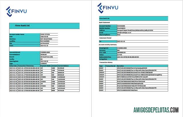 para impressão Índia Finvu Bank Ltd. Extrato de conta modelo Word e PDF, 2 páginas